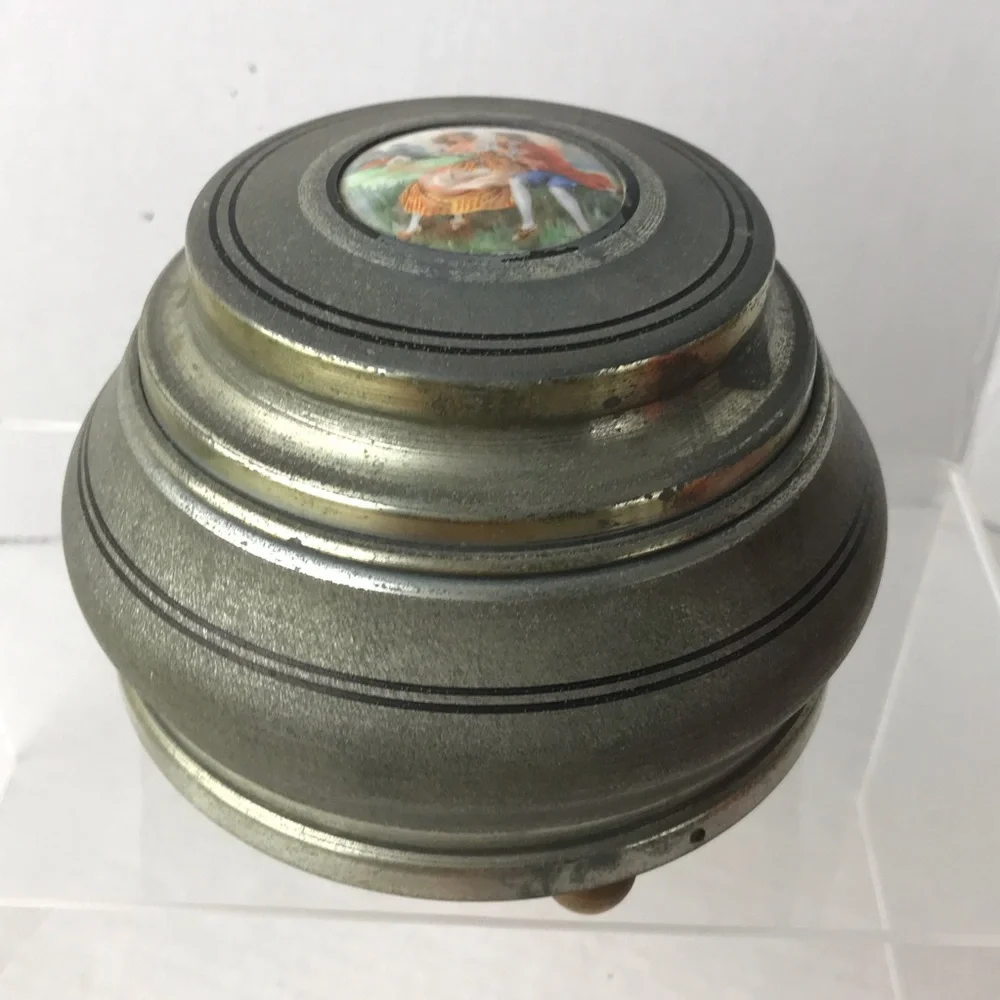 Vintage Metallic Powder Puff Music Box - Vanity Round Drum Box - Switzerland